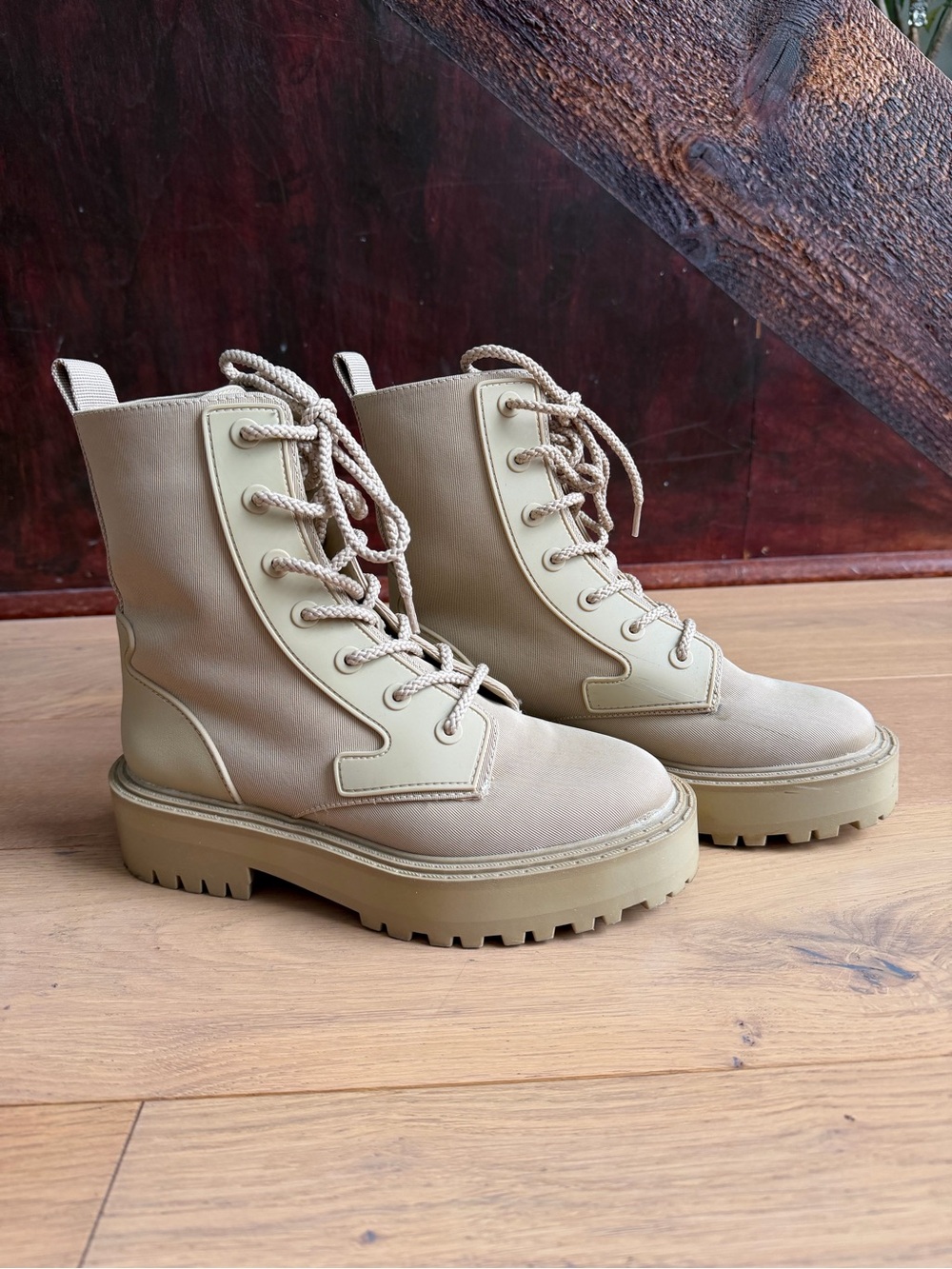 Zara Beige Lace-Up Combat Boots with Chunky Sole